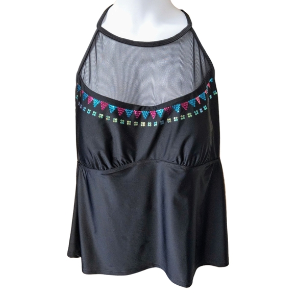 HEART & HARMONEY Plus Size Multi- Color Sequins Tie Neck Mesh Swimsuit Top 3X - Picture 7 of 14